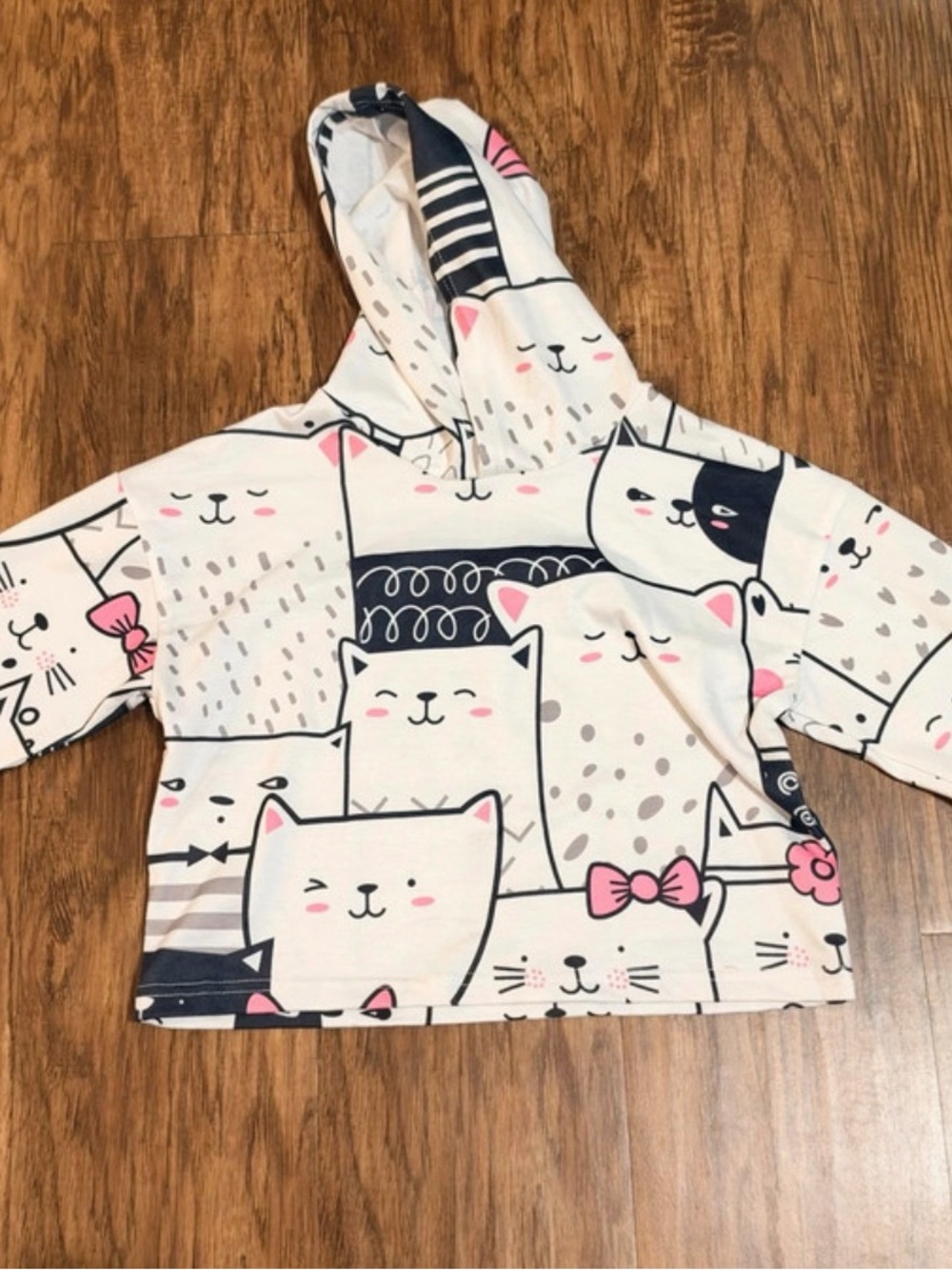 Girls Size 9–10Y Cat Print Hoodie – Pink & Gray – Cute Kitty Pullover